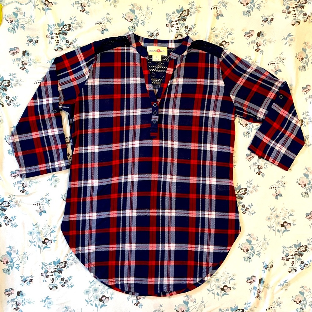 ✨WISHFUL PARK,NEVER WORN, PLAID, LACE BACK, 3/4 SLEEVE SHIRT, NWOT SIZE L✨